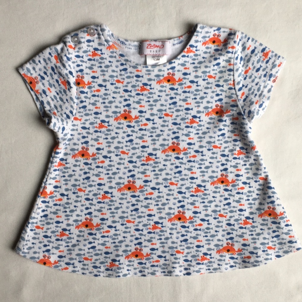 Zutano shirt 12 months fish crabs baby girls EUC